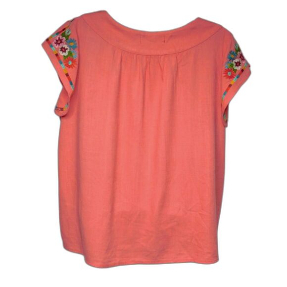 Impressions Embroidered Boho Top Birds Flowers Sz. L Coral Pink Naturecore - Picture 2 of 7